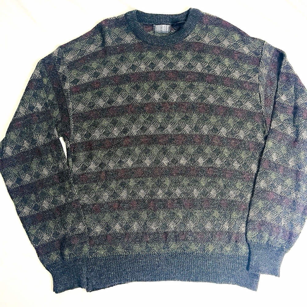 VTG 90s Knightsbridge Geometric Grandpa Sweater Men's L Wool Blend Gray Green